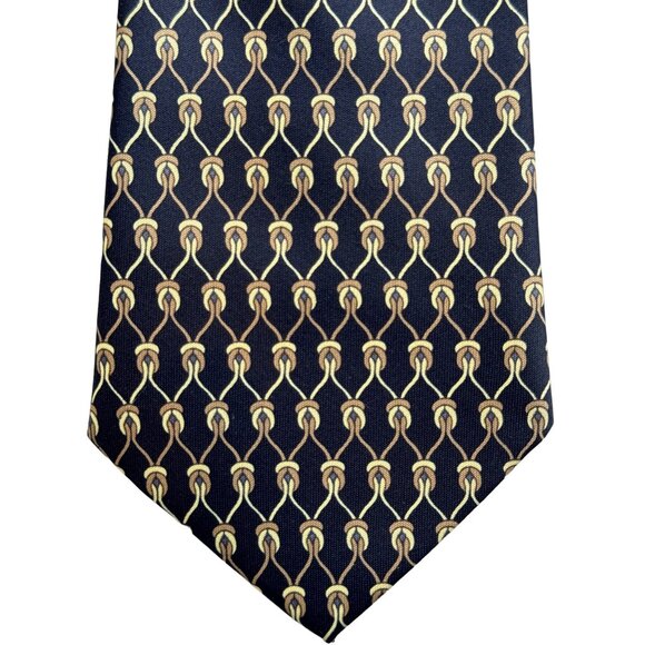 Rene Chagal Men's Handmade Necktie Tie Myung Ju Silk Navy Blue Tan 52x4 inch - Picture 1 of 7